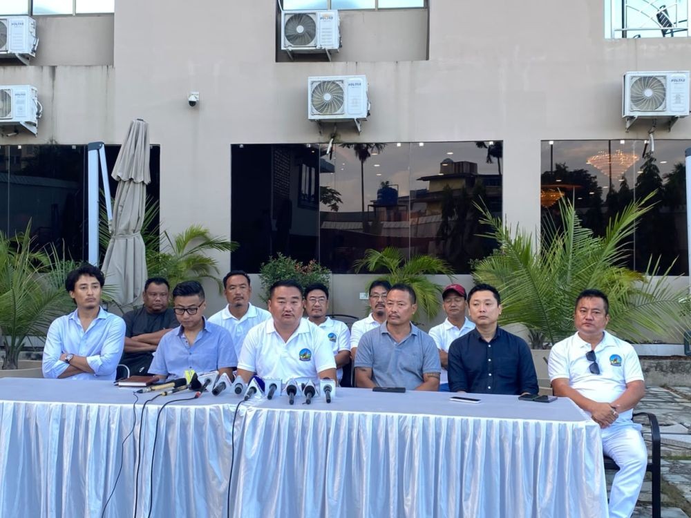 From left: Vikaito Yepthomi, Asalie Peseyie, DUCCF President Zasivikho Zakiesato, Boktiba Jamir, Washipong Longkumer, and DUCCF VP Tongzuk Pongen addressing a press conference at Hotel Grand Vista, Dimapur on October 30. (Morung Photo)